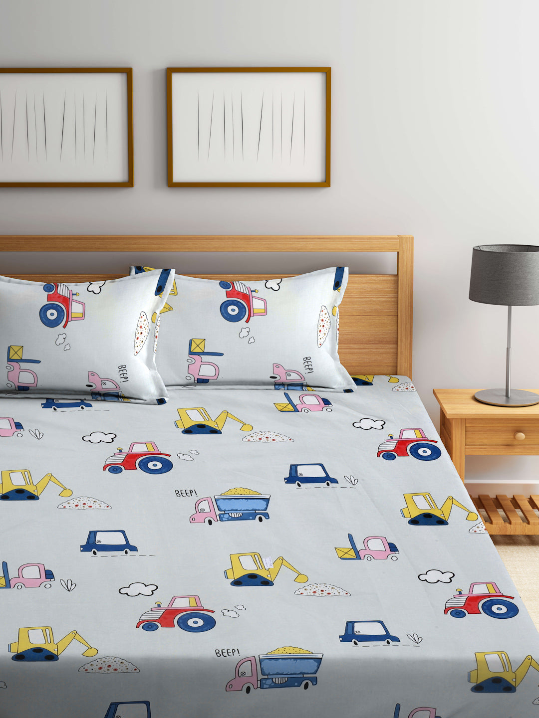 Klotthe Multicolor Cartoon Characters 300 TC Cotton Blend Fitted Double Bedsheet with 2 Pillow Covers