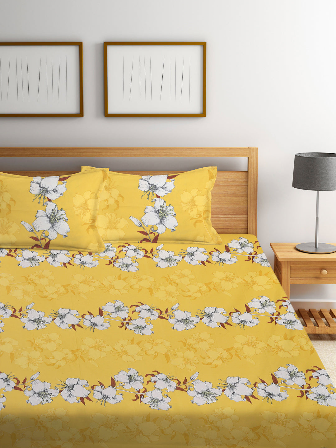 Klotthe Yellow 210 TC Floral Cotton Blend Double Bed Sheet with 2 Pillow Covers