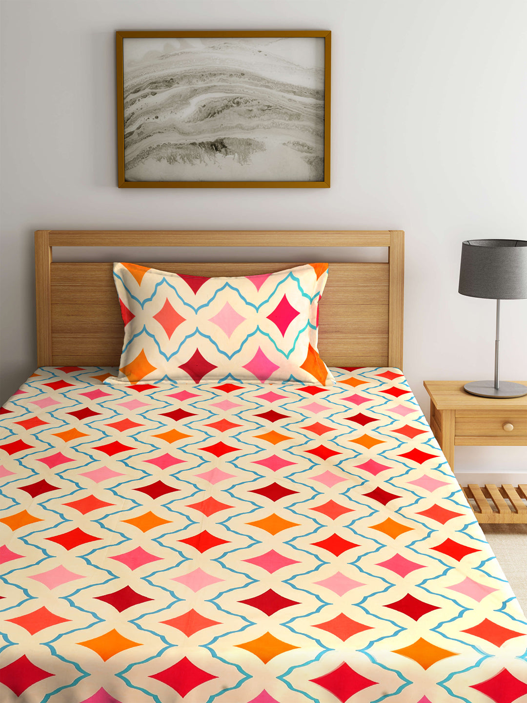 Klotthe Multi Geometric 210 TC PolyCotton Single Bedsheet with Pillow Cover