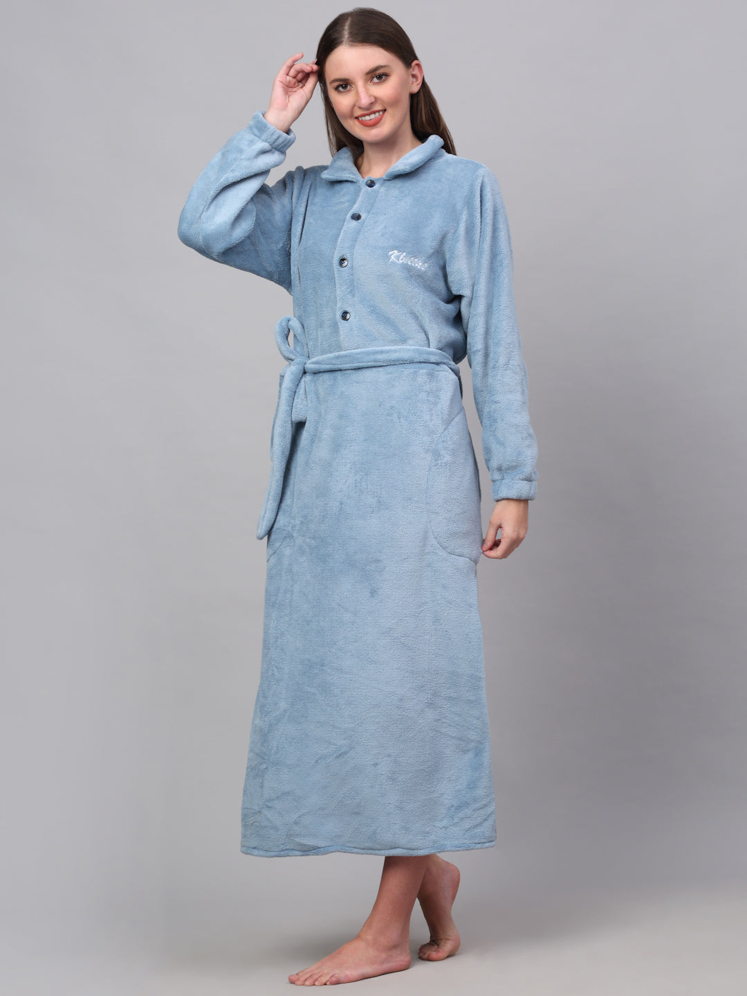 Klotthe Women Blue Solid Bath Robe With Belt