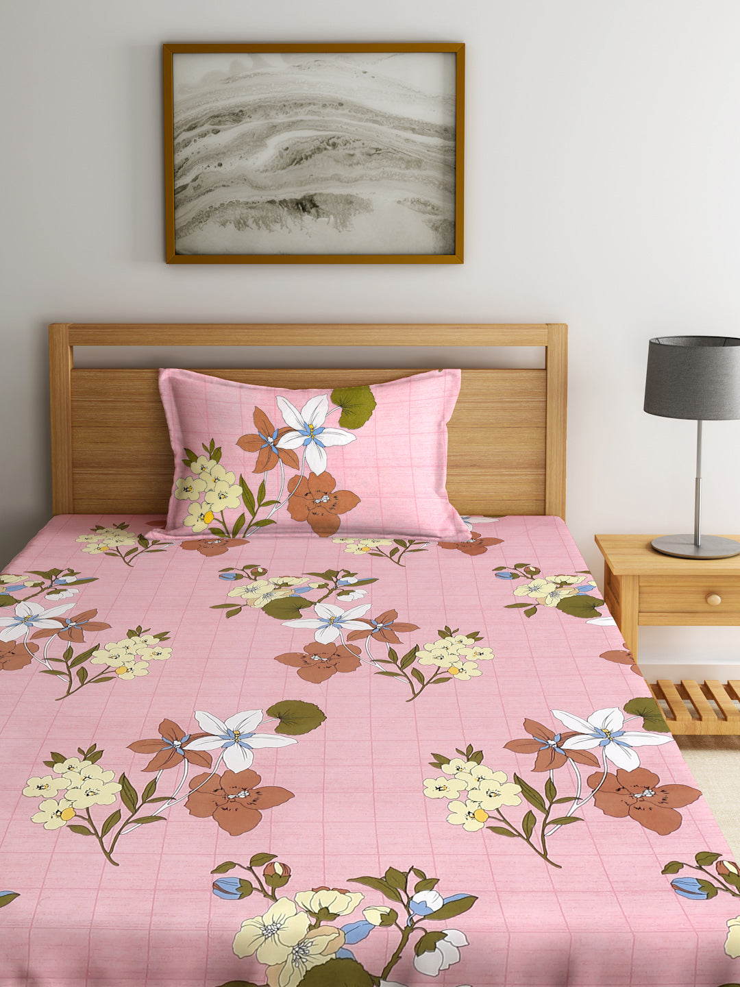 Klotthe Pink Floral 300 TC Cotton Blend Single Bedsheet with Pillow Cover