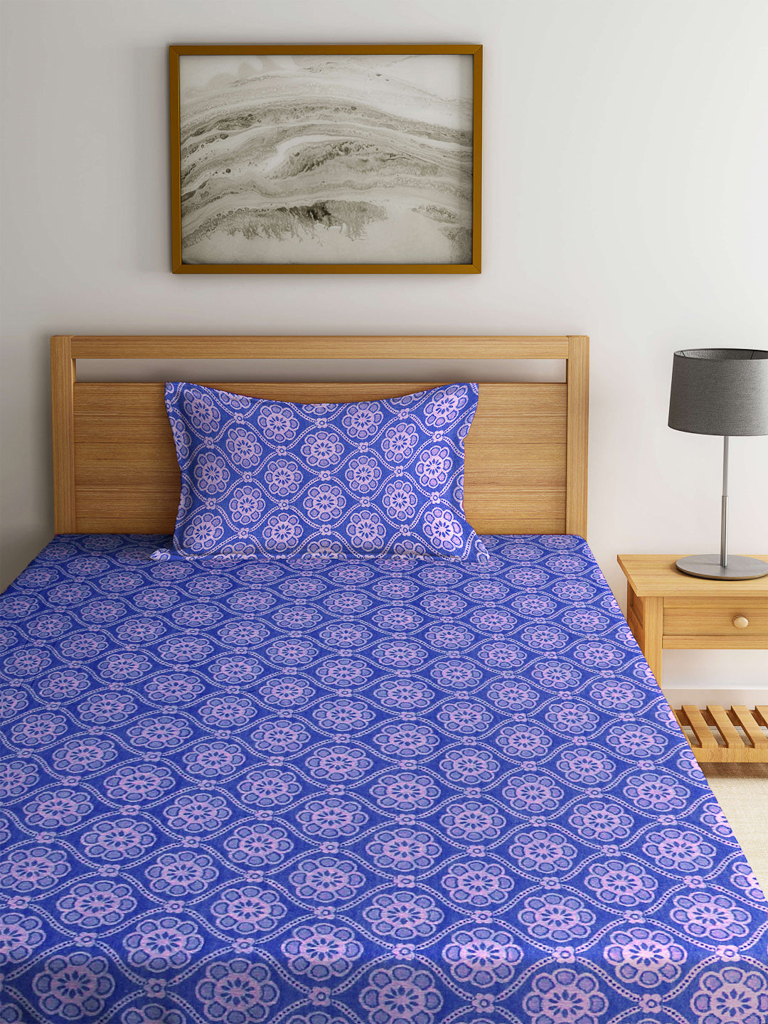 Klotthe Blue Abstract Cotton Single Bedsheet with Pillow cover