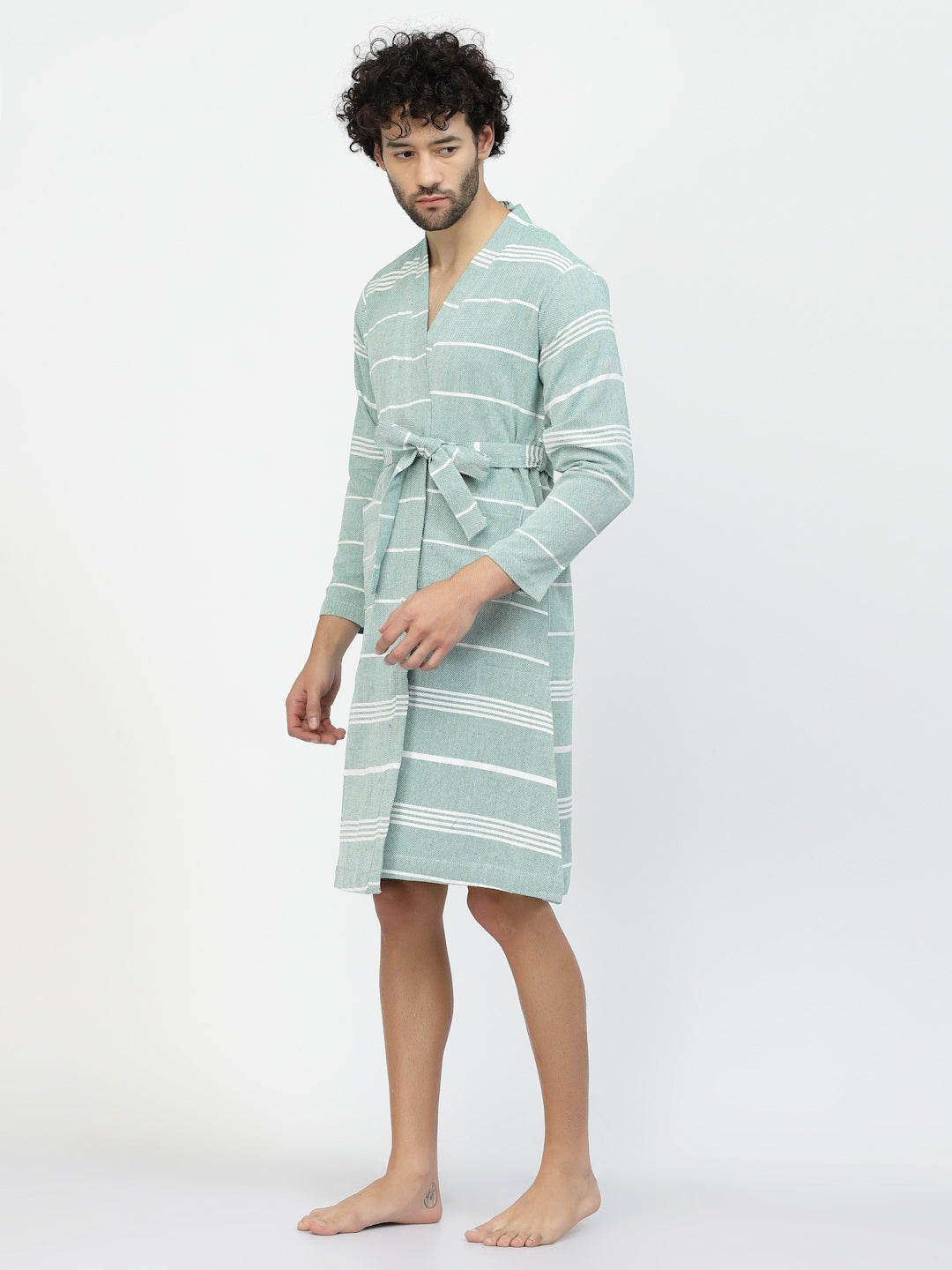 Klotthe Men Green Striped Cotton Bath Robe With Belt