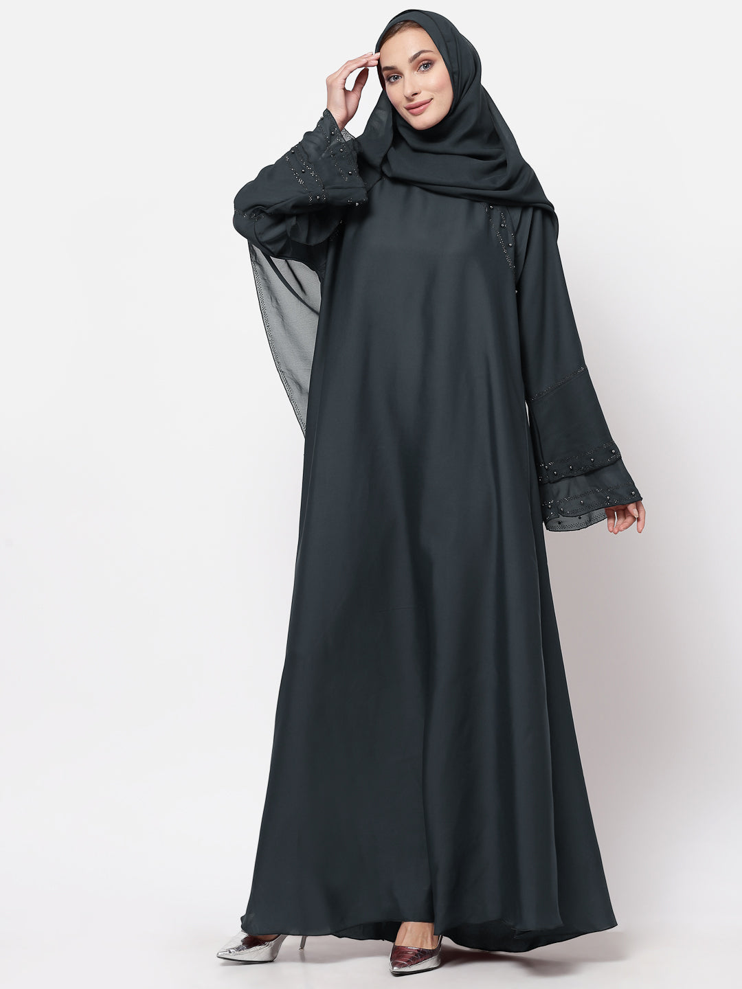 Klotthe Women Grey Embellished Burqa With Scarves