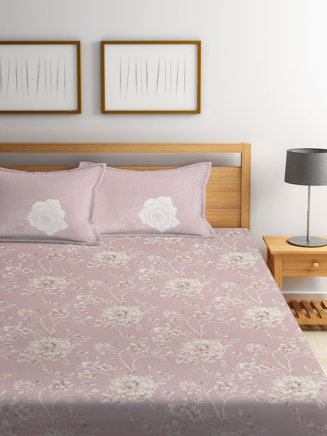 Klotthe Pink Floral 400 TC Pure Cotton Super King Double Bedsheet with 2 Pillow Covers (270X270 cm)