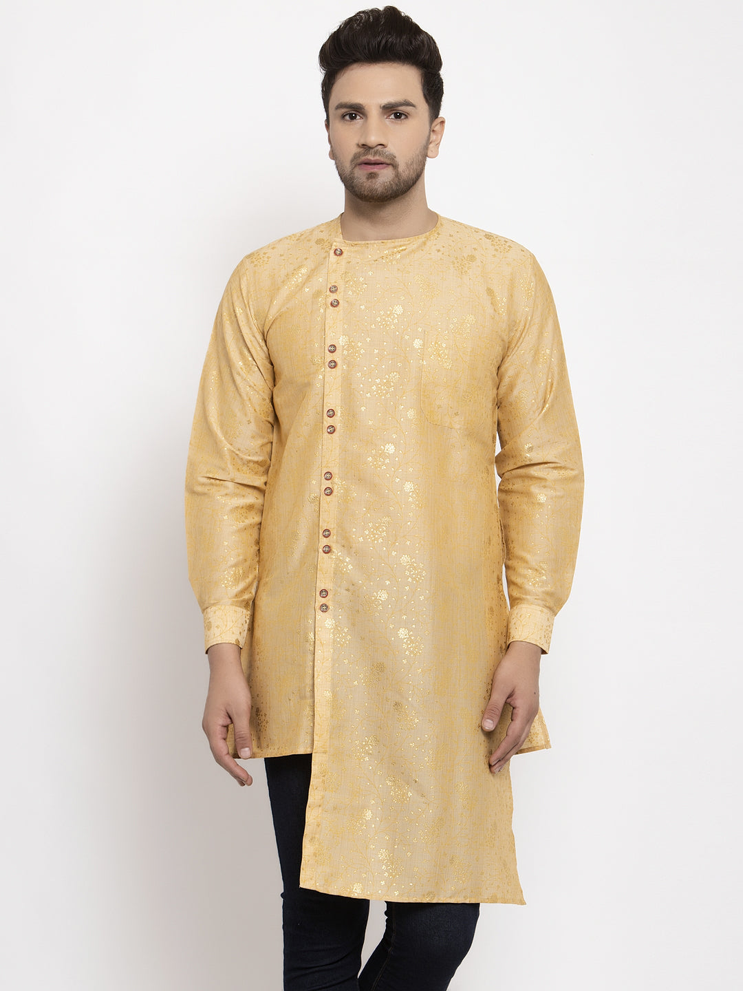 Klotthe Gold Round Neck Embellished Cotton Silk Kurta