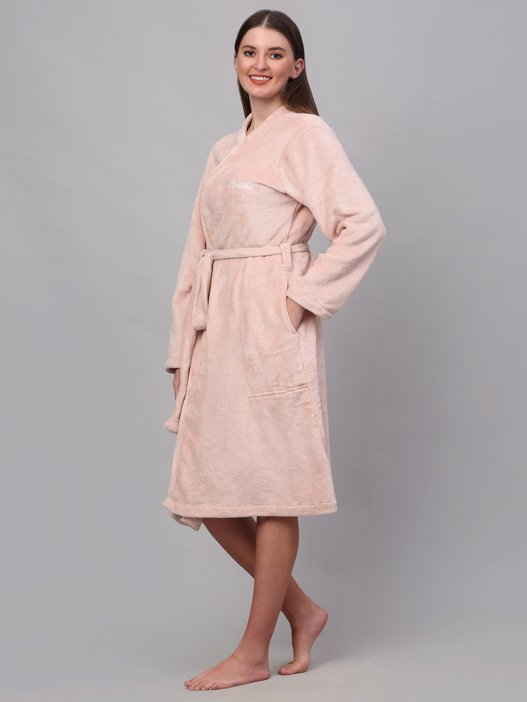 Klotthe Women Pink Solid Bath Robe With Belt