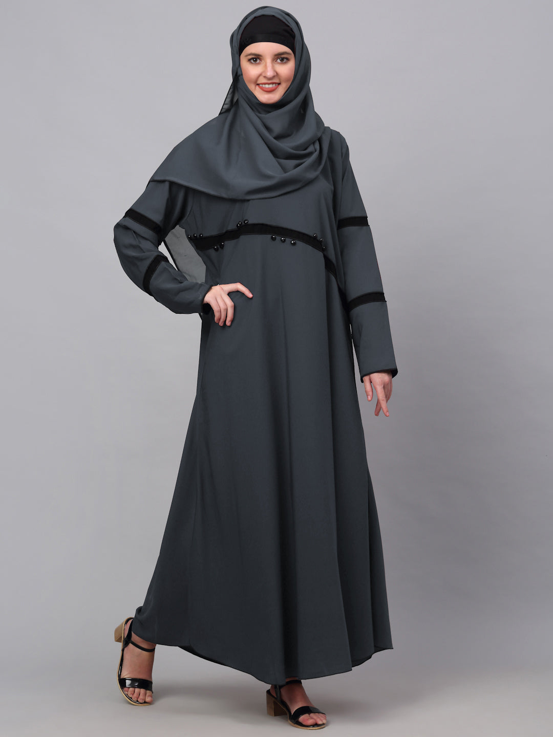 Klotthe Women Grey Embellished Burqa With Scarves