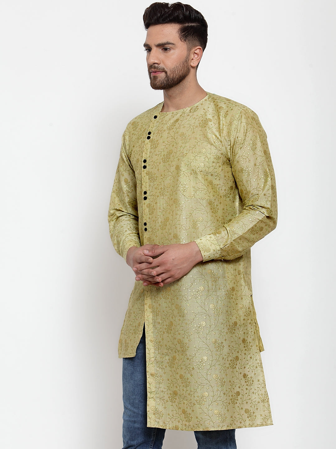 Klotthe Green Round Neck Embellished Cotton Silk Kurta