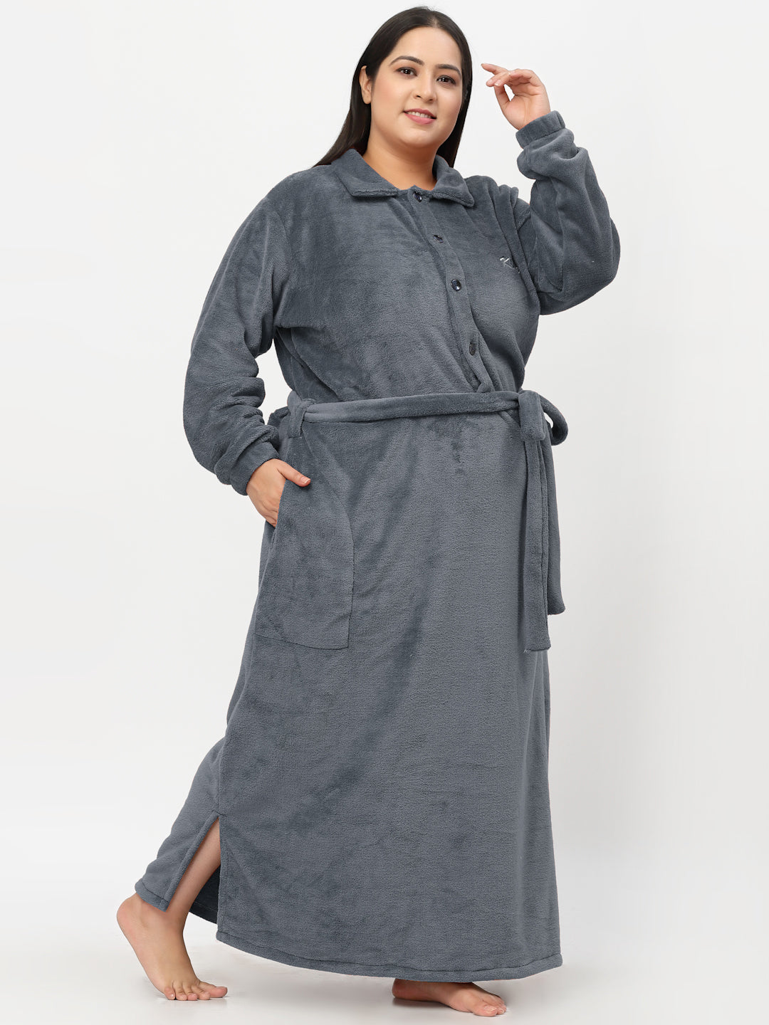 Klotthe Women Grey Solid Bath Robe With Belt