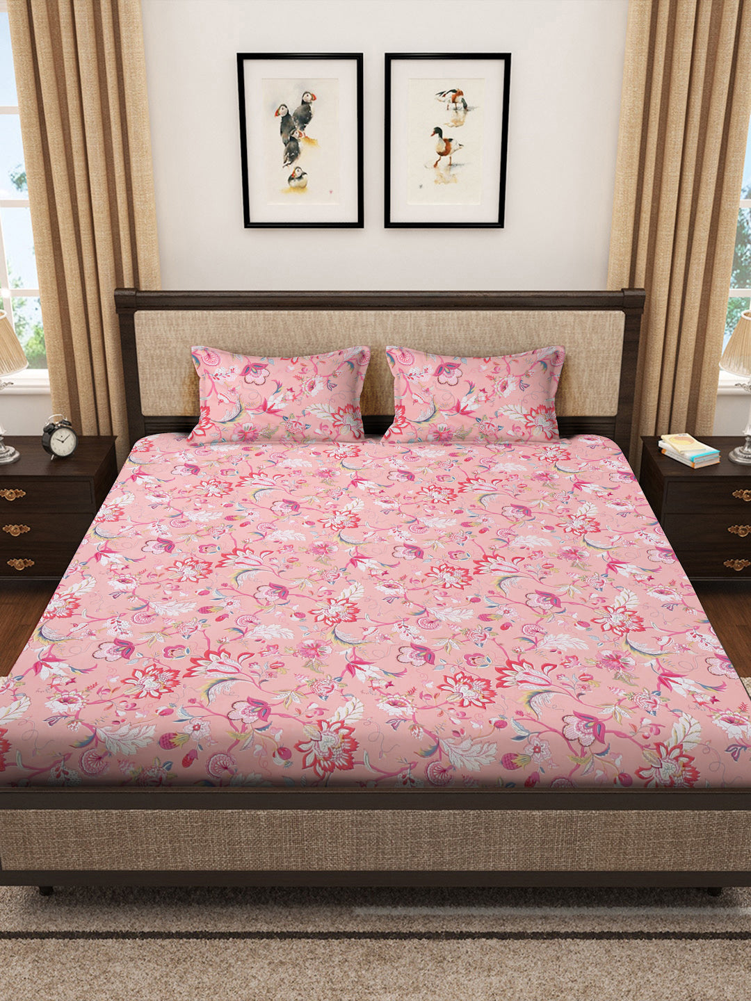 Klotthe Multicolor Floral 300 TC Cotton Blend Super King Double Bedsheet with 2 Pillow covers