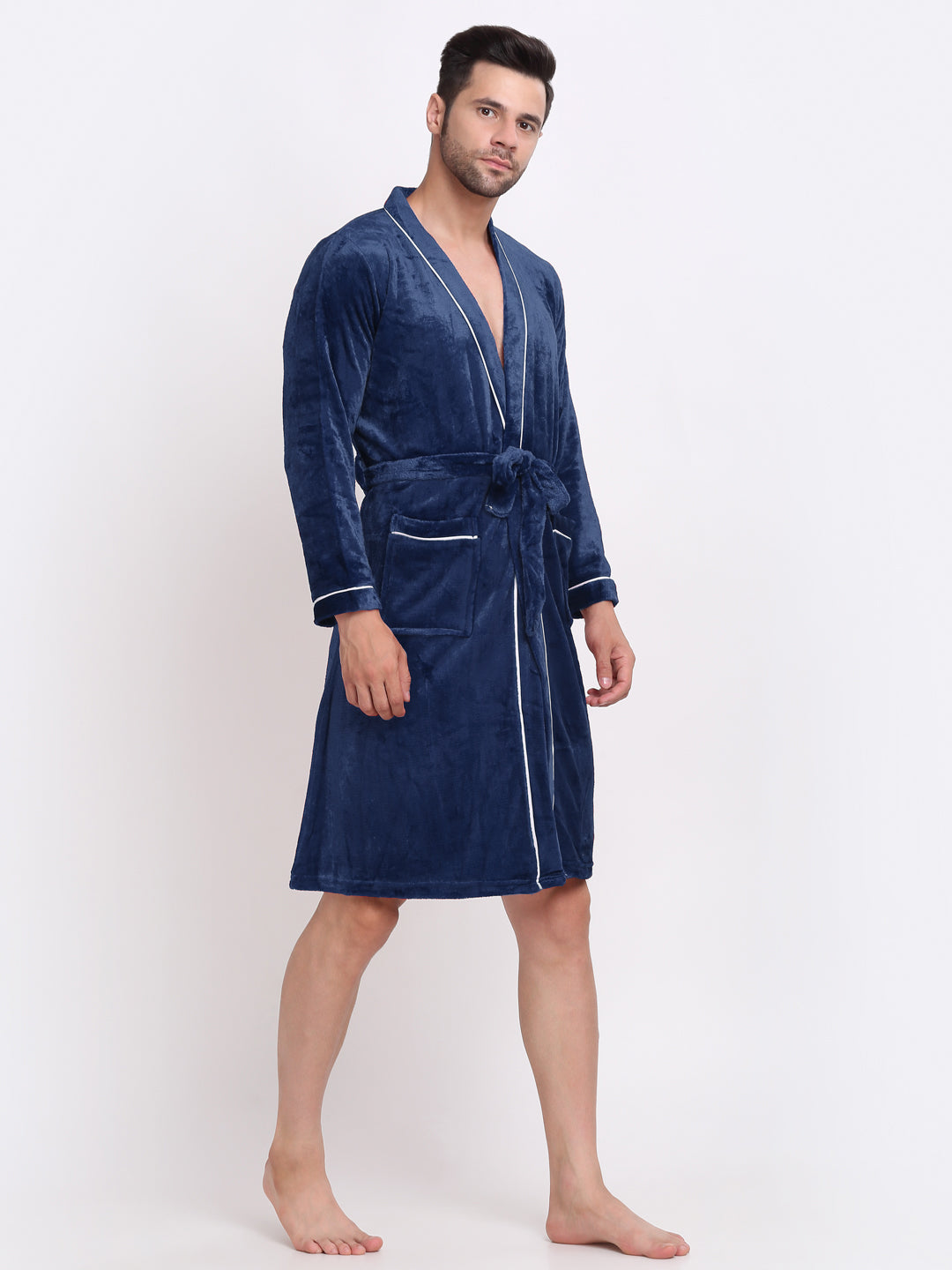 Klotthe Men Blue Solid Wool Bath Robe With Belt