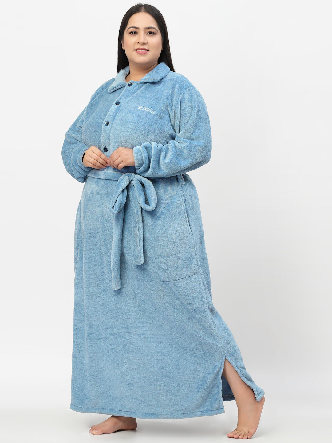 Klotthe Women Blue Solid Bath Robe With Belt