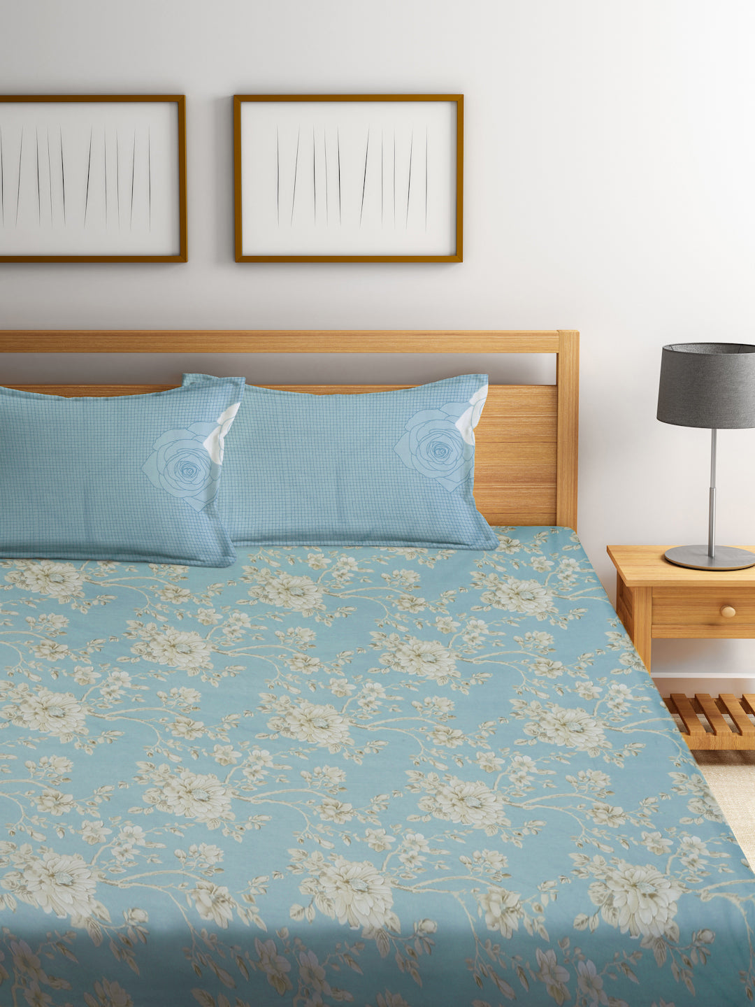 Klotthe Turquoise Floral 400 TC Pure Cotton Fitted Super King Double Bedsheet with 2 Pillow covers (270X270 cm)