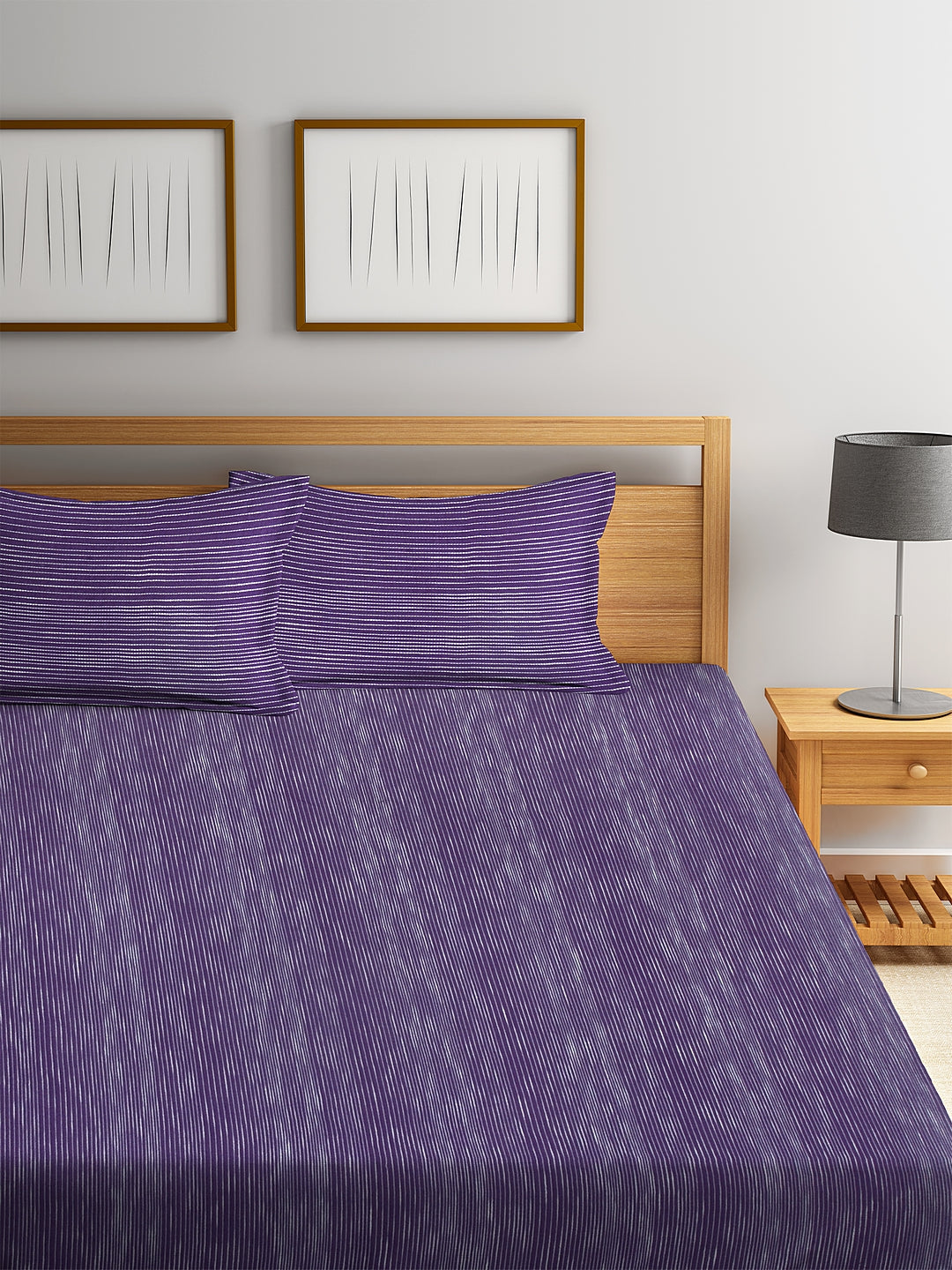 100% Cotton King Size Handwoven Bed Cover with Two Pillow Covers by KLOTTHE® (Violet Striped