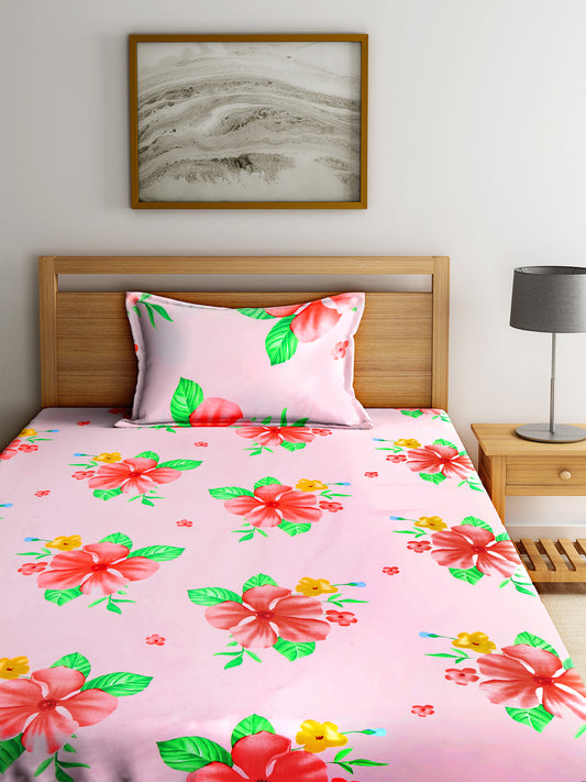 KLOTTHE Pink Polycotton Floral BedSheet With 1 Pillow Cover (225X150 cm)