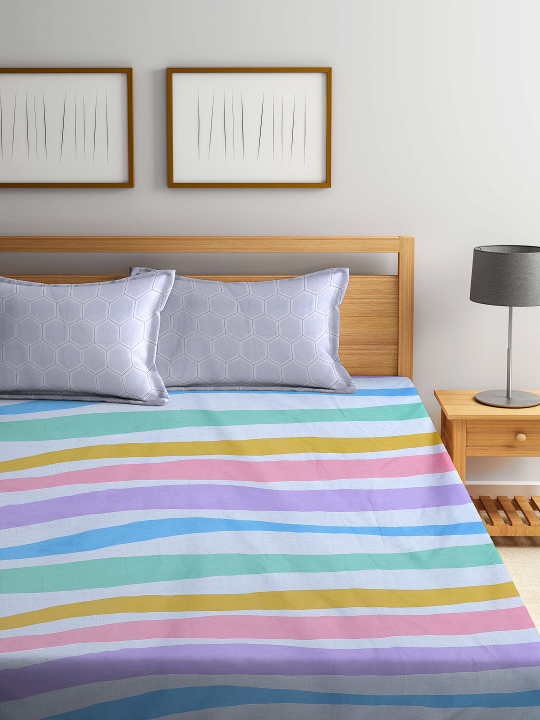 Klotthe Multicolor Striped 300 TC Cotton Blend Fitted Double Bedsheet with 2 Pillow Covers