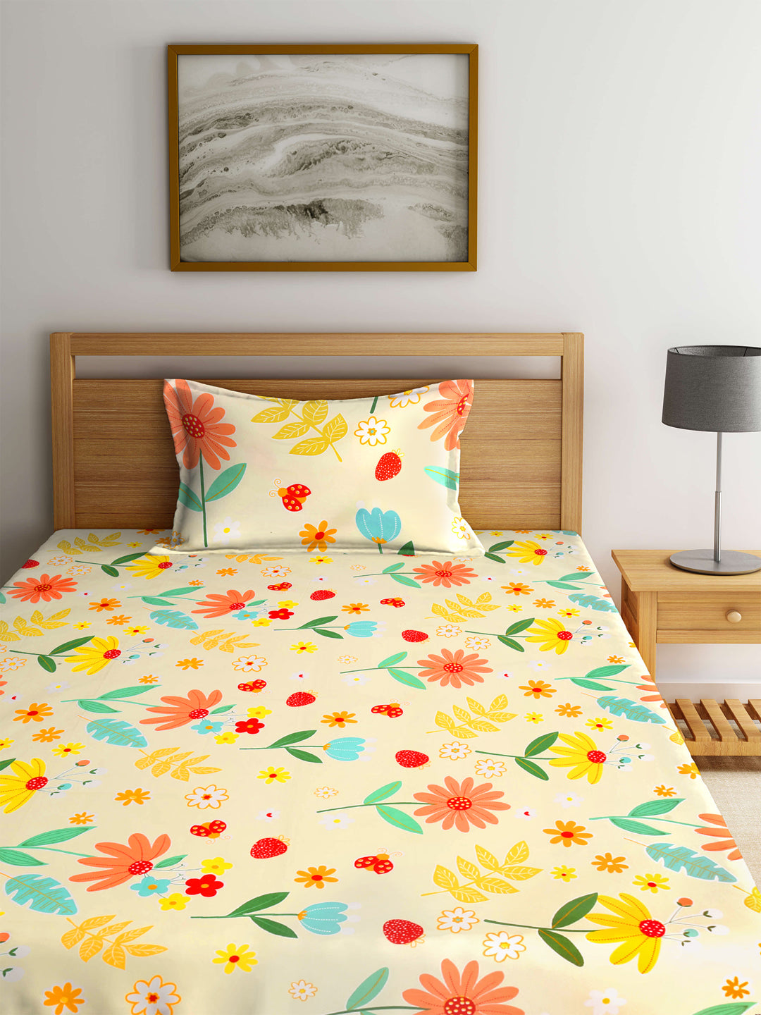 Klotthe Multi Floral 210 TC PolyCotton Single Bedsheet with Pillow Cover