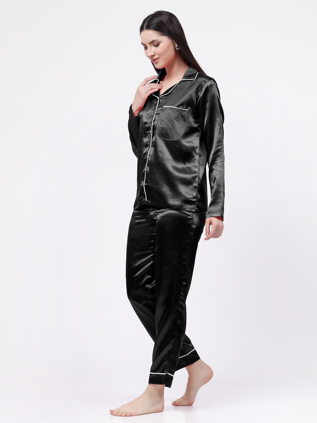 Klotthe Women Black Solid Satin Night Suit by KLOTTHE KLOTTHE