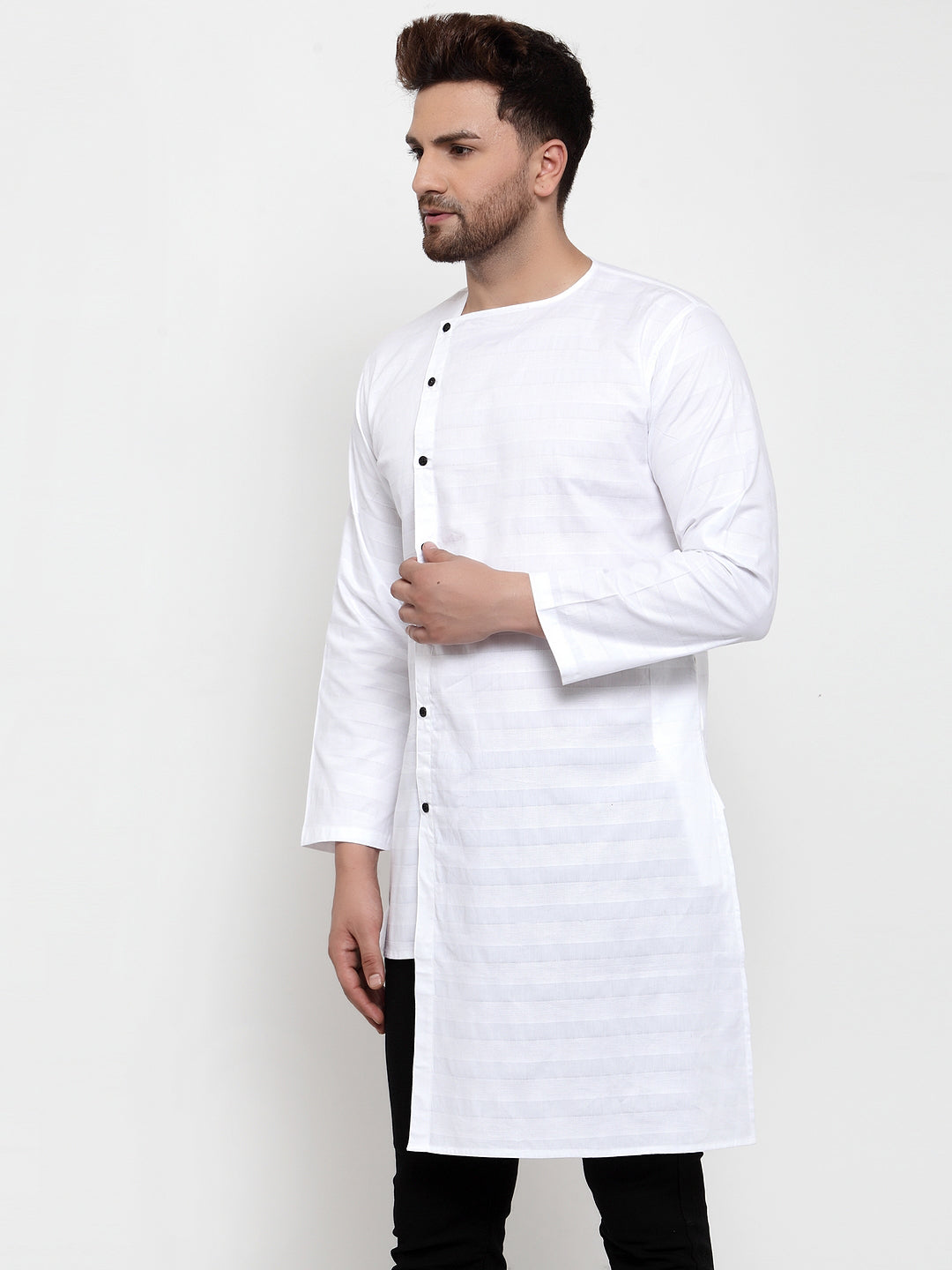 White Cotton Silk Striped Party Kurtas