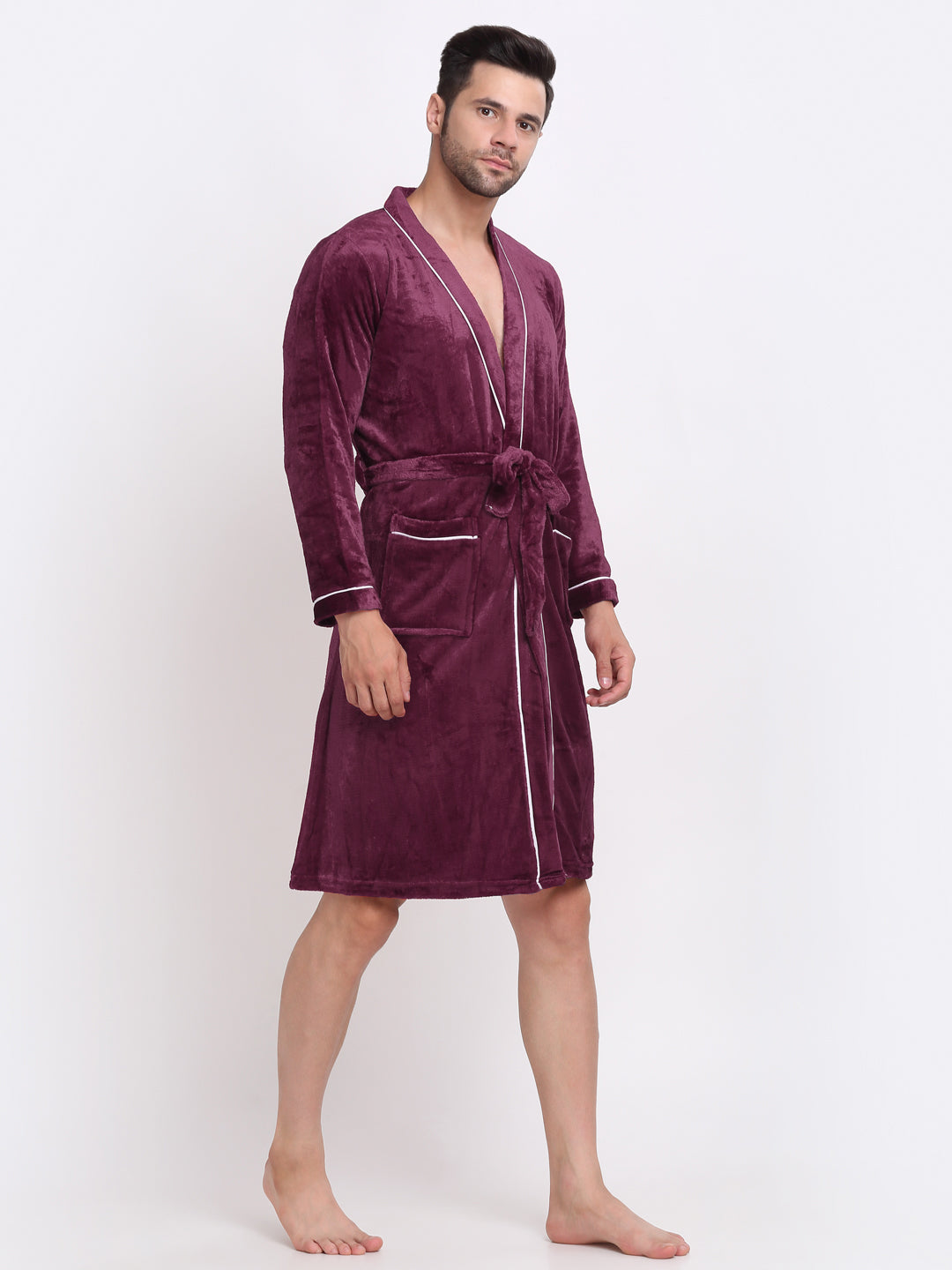 Klotthe Men Maroon Solid Wool Bath Robe With Belt