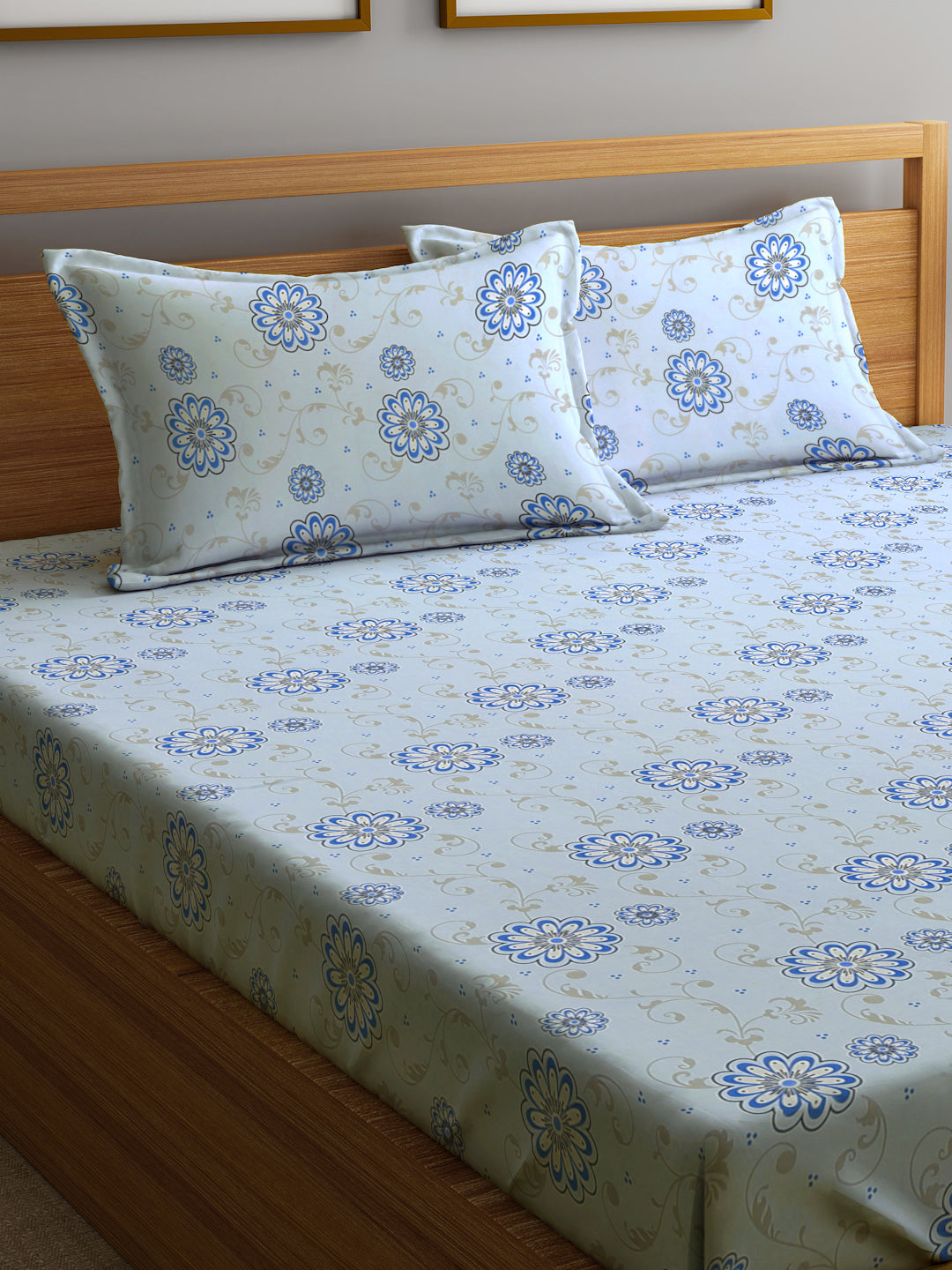 Klotthe Multicolor Floral 300 TC Cotton Blend Fitted Double Bedsheet with 2 Pillow Covers