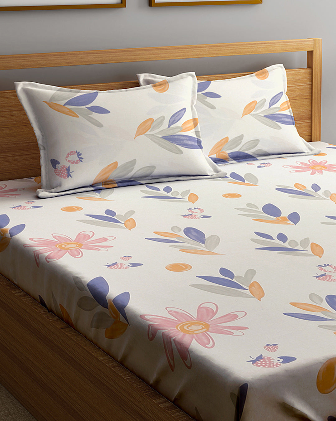 Klotthe Multicolor Floral 300 TC Cotton Blend Fitted Double Bedsheet Set in Book Fold Packing