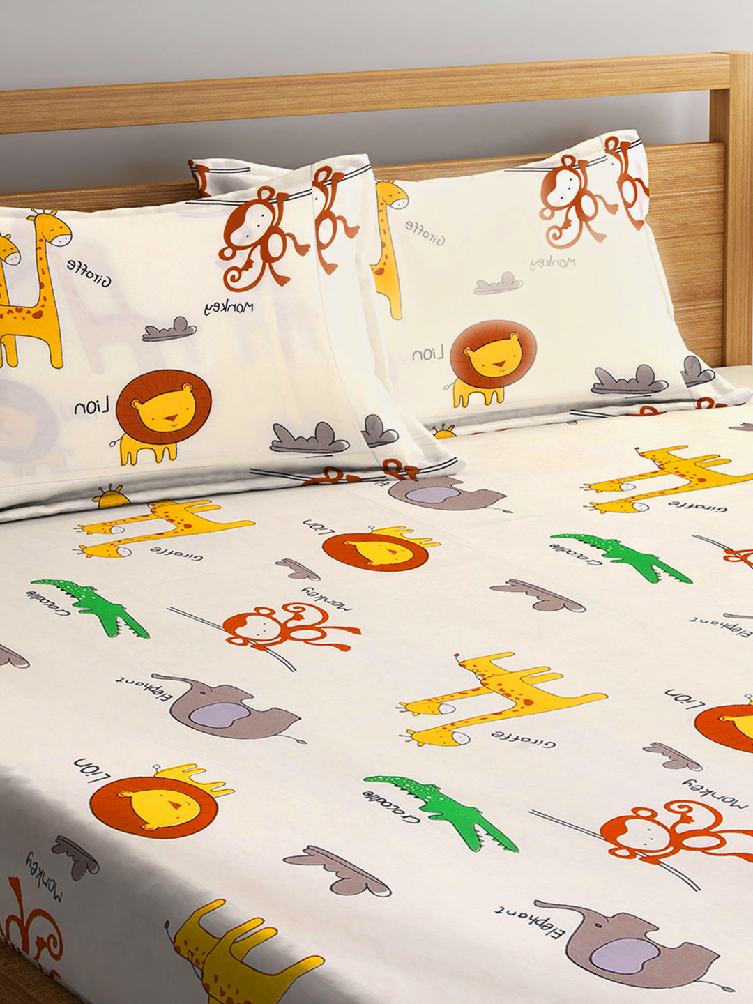 Klotthe Multi Cartoon Print 300 TC Cotton Blend Double Bed Sheet with 2 Pillow Covers in Book Fold Packing