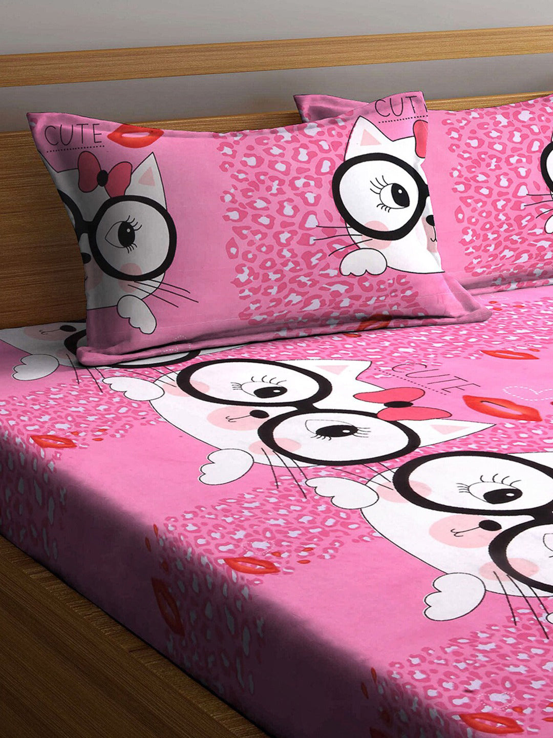 Klotthe Cartoon Characters Pink 300 TC Cotton Blend Elasticated Double Bedsheet with 2 Pillow covers