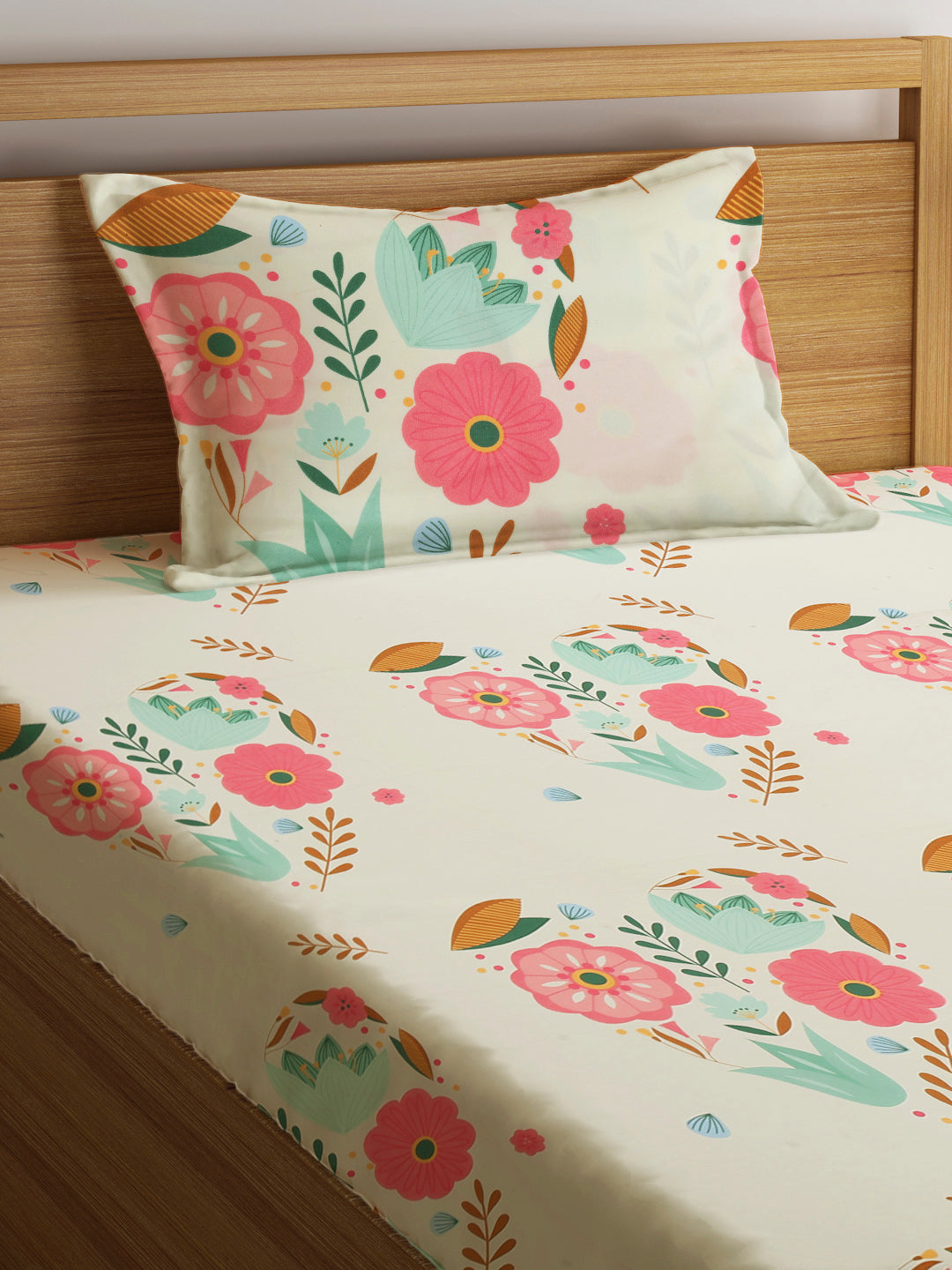 Klotthe Multi 210 TC Floral Cotton Blend Single Bed Sheet with Pillow Cover