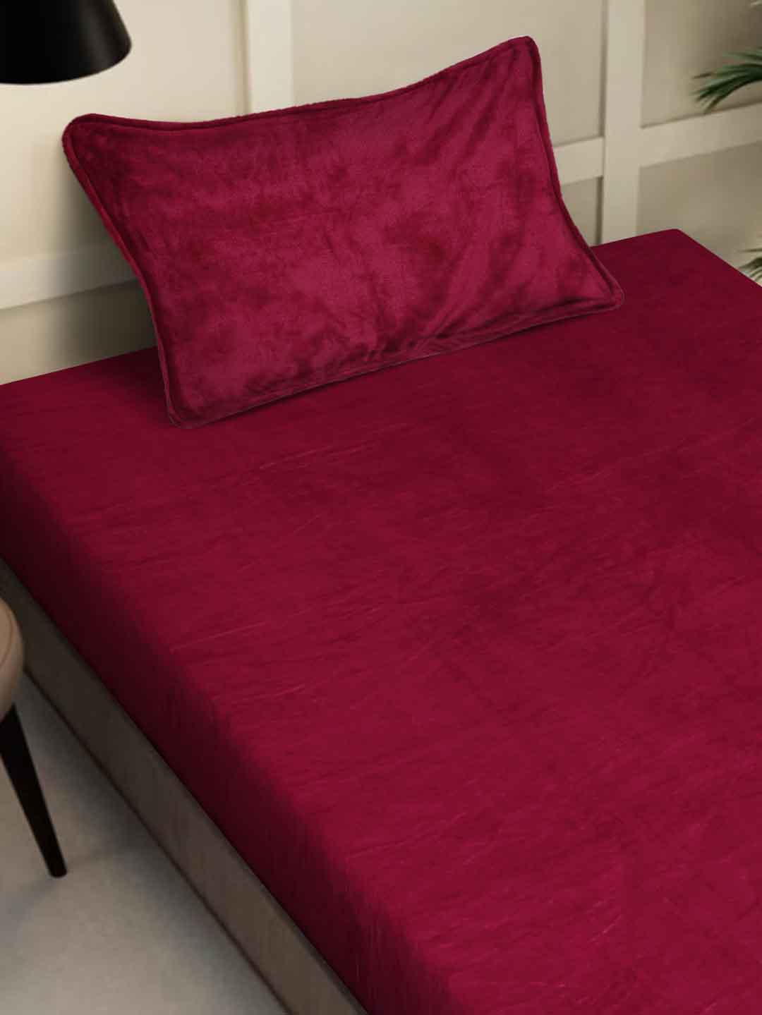 Klotthe Red Solid Woolen Fitted Single Bed Sheet with Pillow Cover