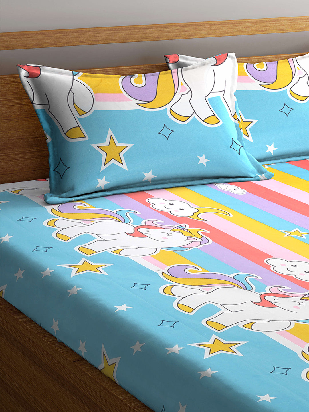 Klotthe Multi Cartoon Print 300 TC Cotton Blend Double Bed Sheet with 2 Pillow Covers in Book Fold Packing