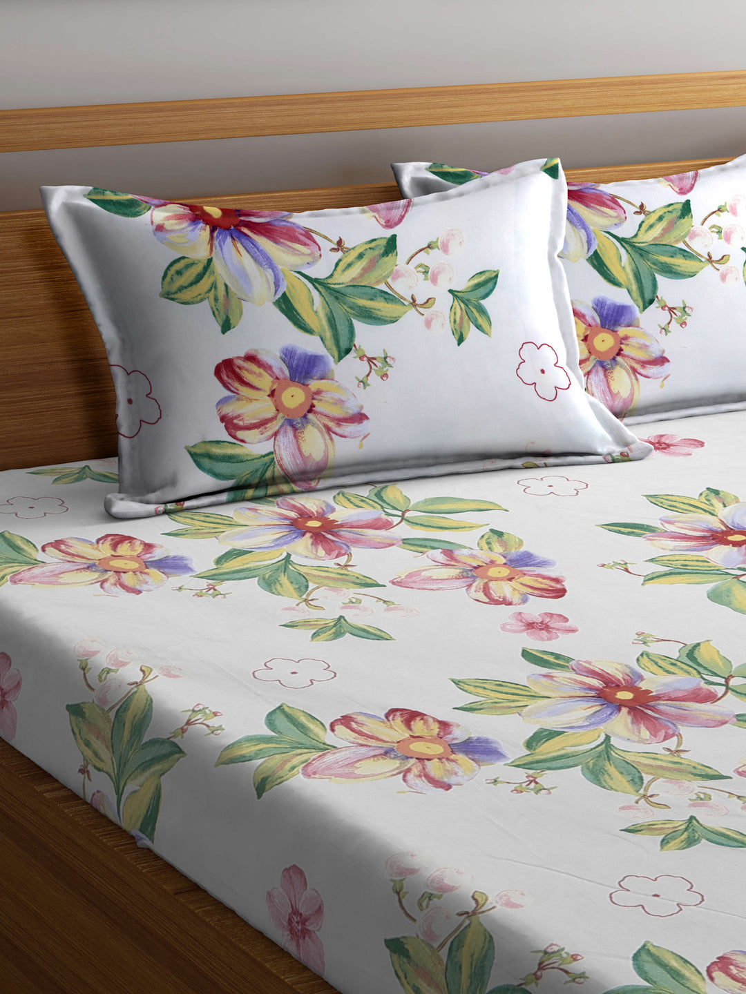 Klotthe Multi Floral 300 TC Cotton Blend Elasticated Super King Double Bedsheet with 2 Pillow Covers (270X270 cm)