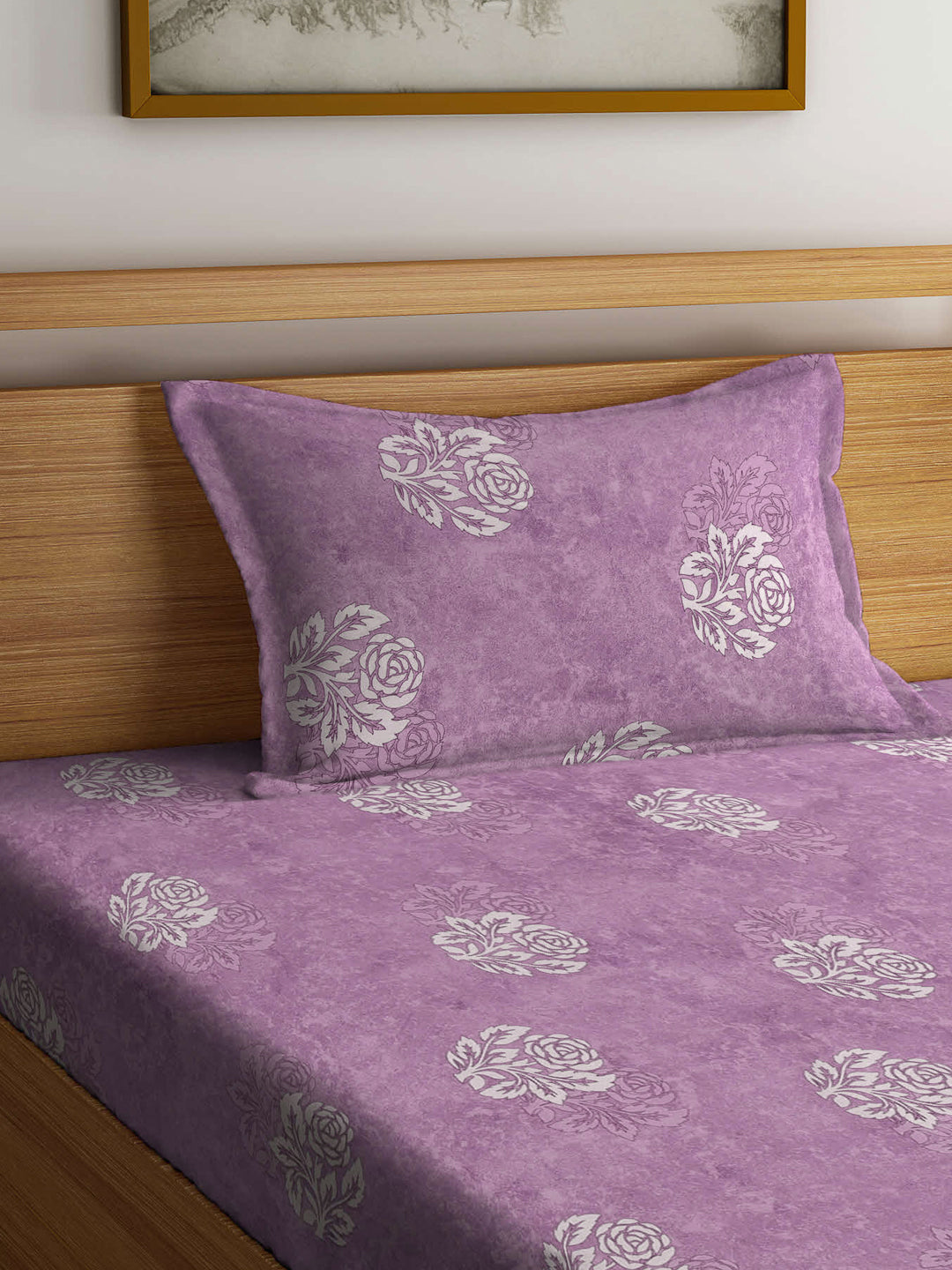Klotthe Purple Floral 400 TC Pure Cotton Fitted Single Bedsheet Set in Book Fold Packing
