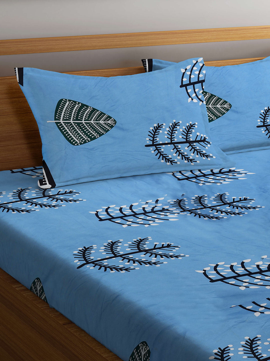 Klotthe Blue Abstract 300 TC Cotton Blend Fitted Super King Double Bedsheet with 2 Pillow covers (270X270 cm)