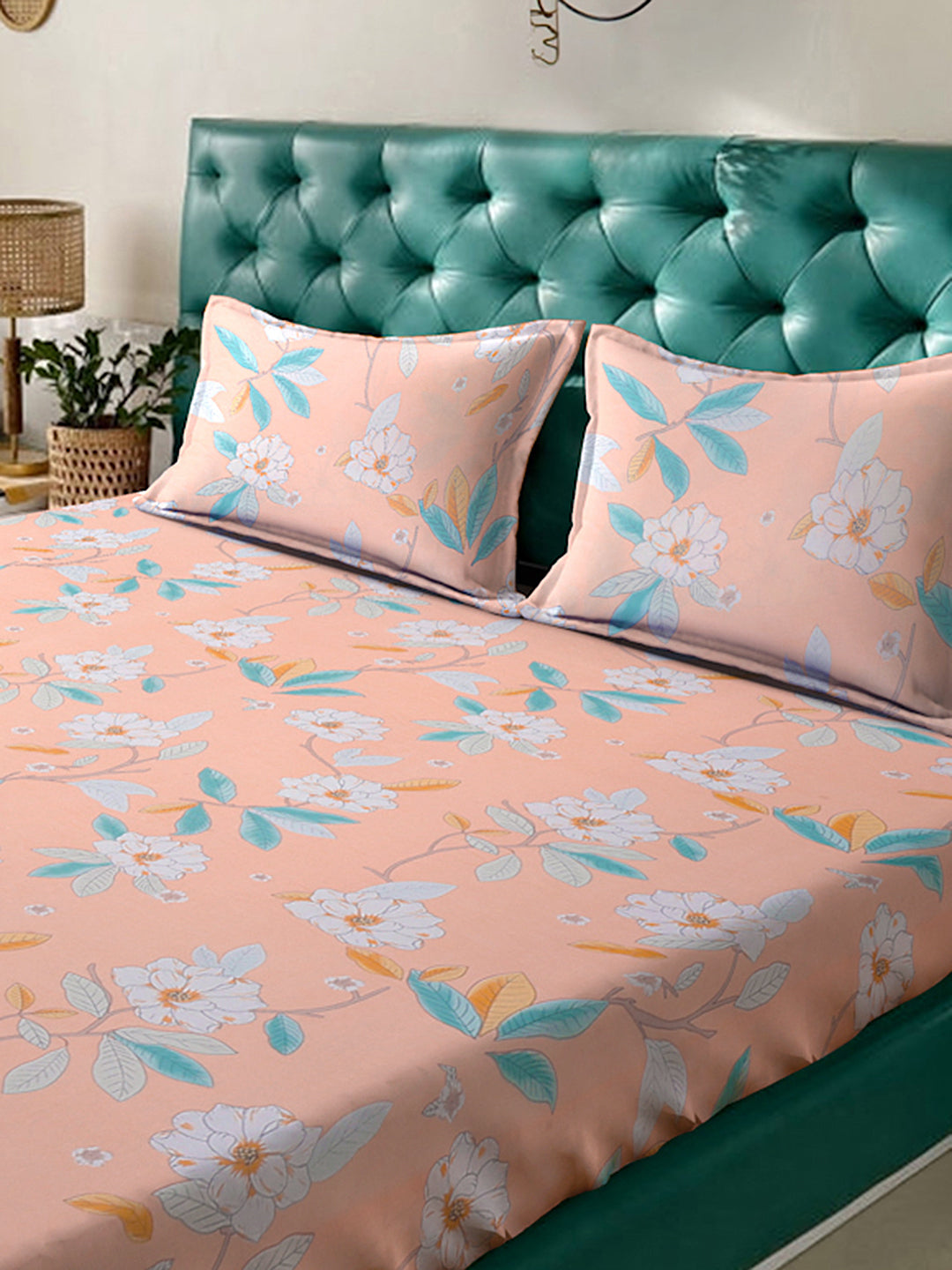 Klotthe Multicolor Floral 300 TC Cotton Blend Fitted Double Bedsheet with 2 Pillow covers