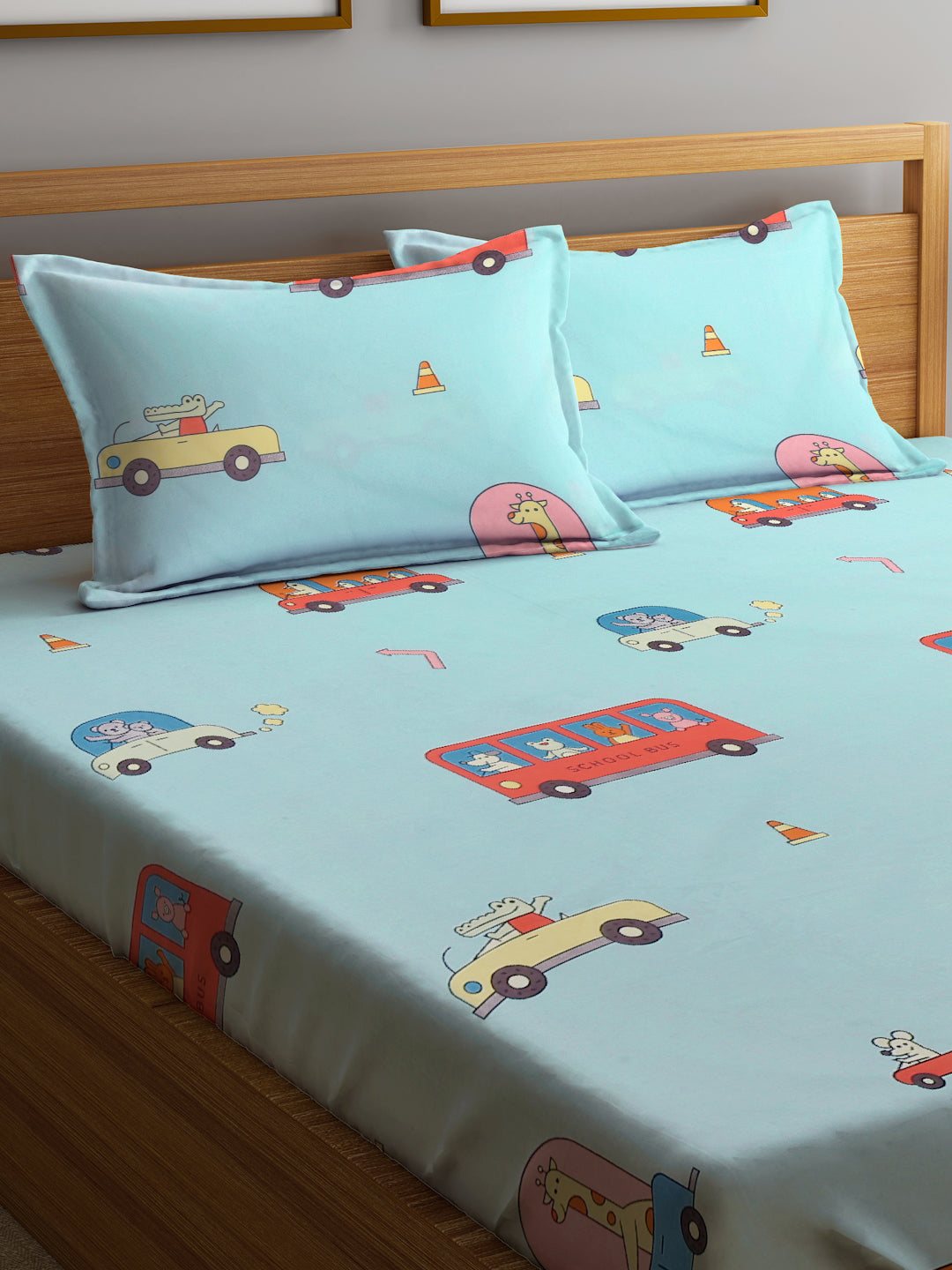 Klotthe Multi Cartoon Print 300 TC Cotton Blend Elasticated Double Bedsheet with 2 Pillow Cover in Book Fold Pack