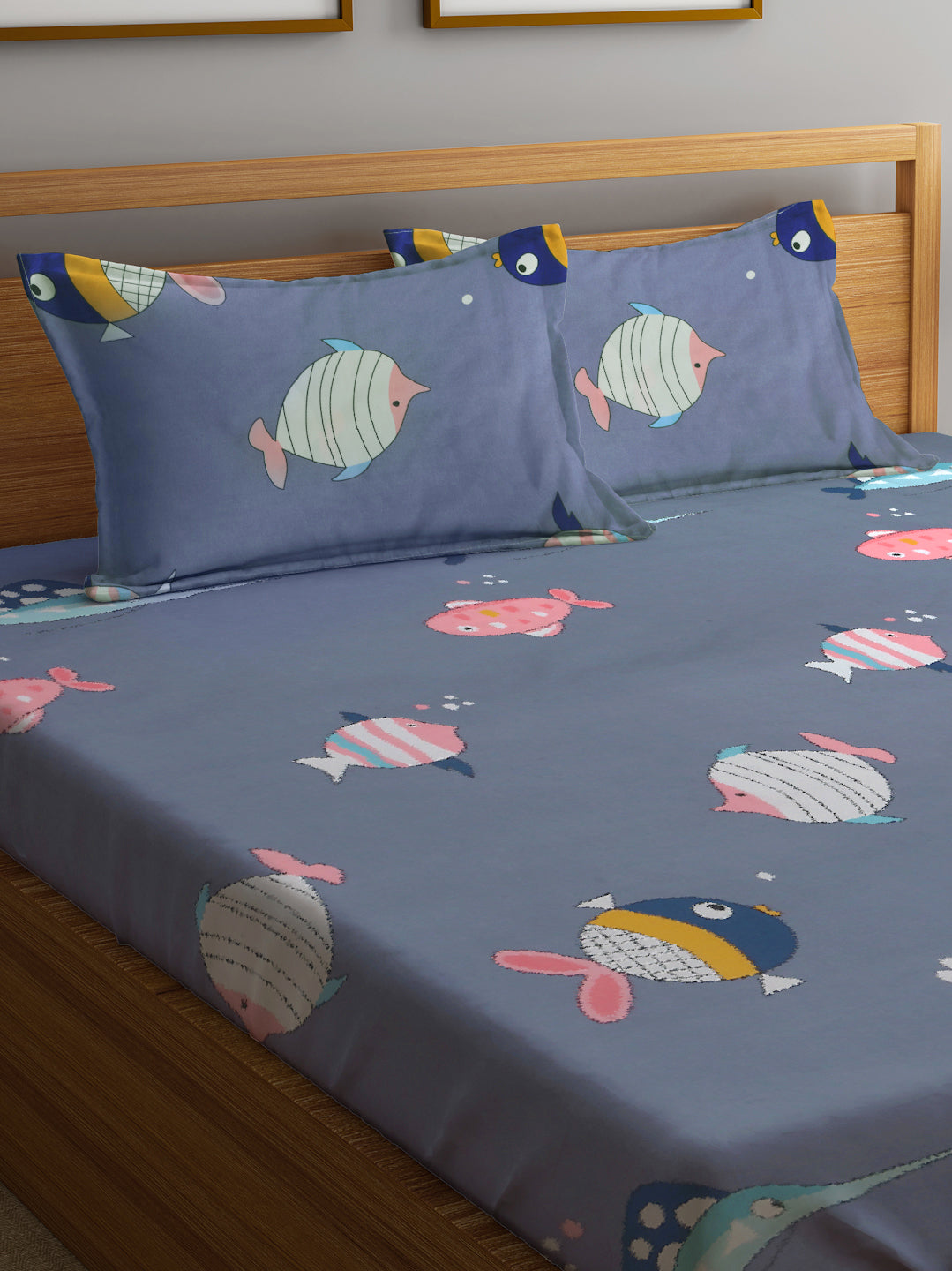 Klotthe Multi Cartoon Print 300 TC Cotton Blend Elasticated Double Bedsheet with 2 Pillow Cover in Book Fold Pack