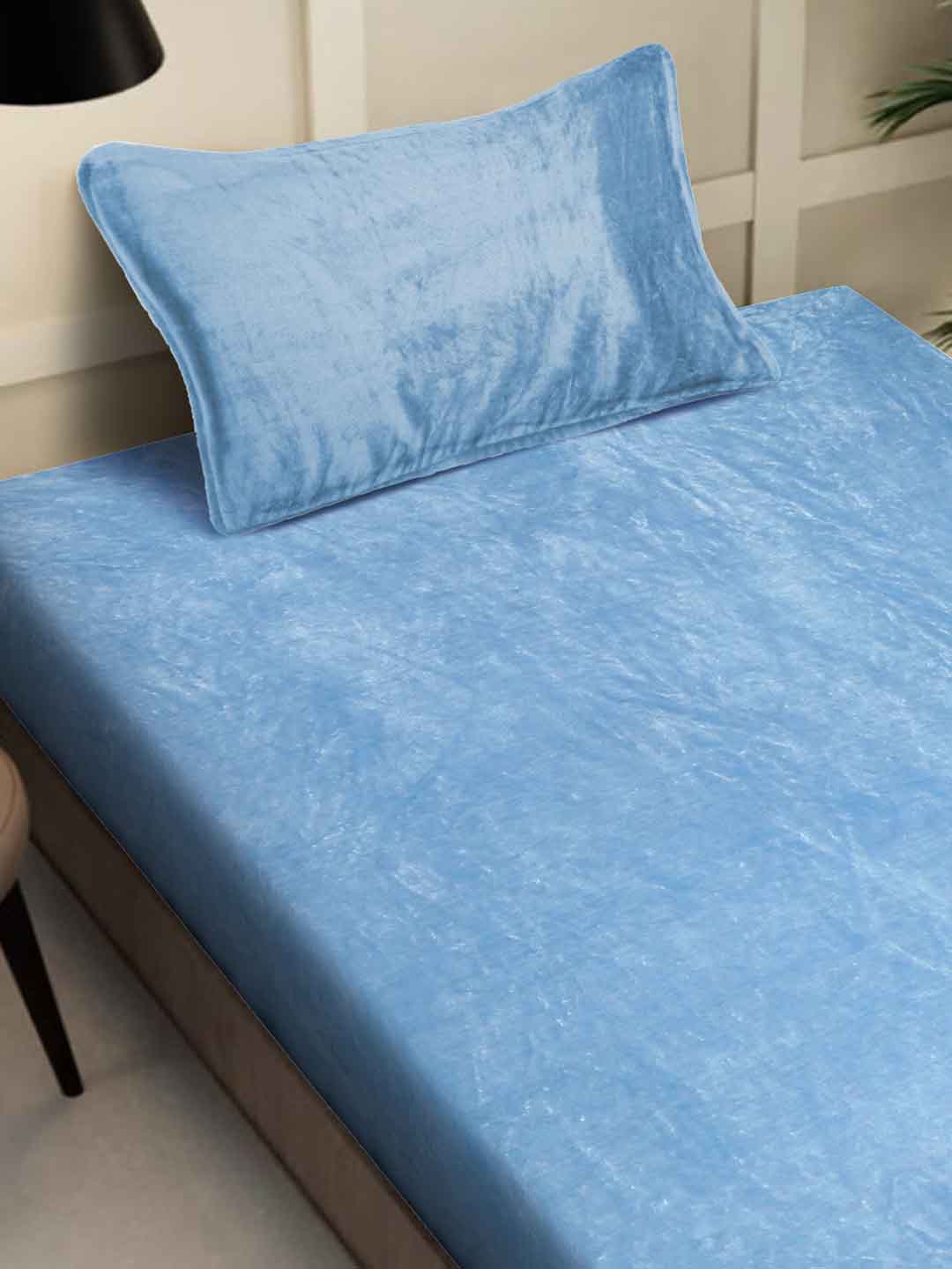 Klotthe Sky Blue Solid Woolen Fitted Single Bed Sheet with Pillow Cover