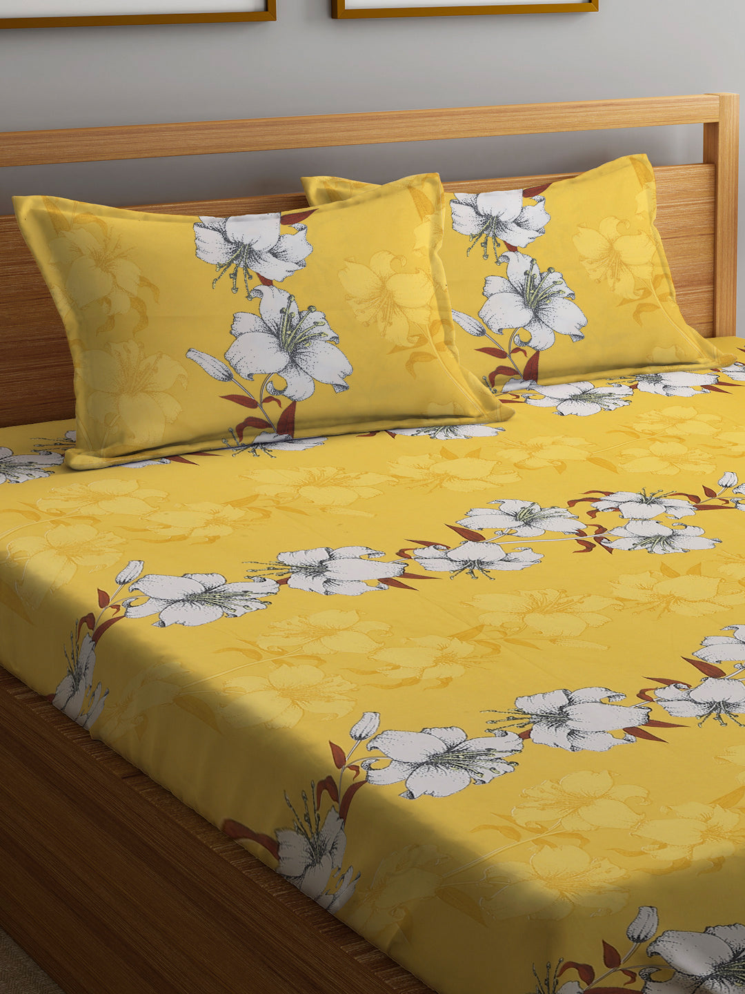 Klotthe Yellow 210 TC Floral Cotton Blend Double Bed Sheet with 2 Pillow Covers