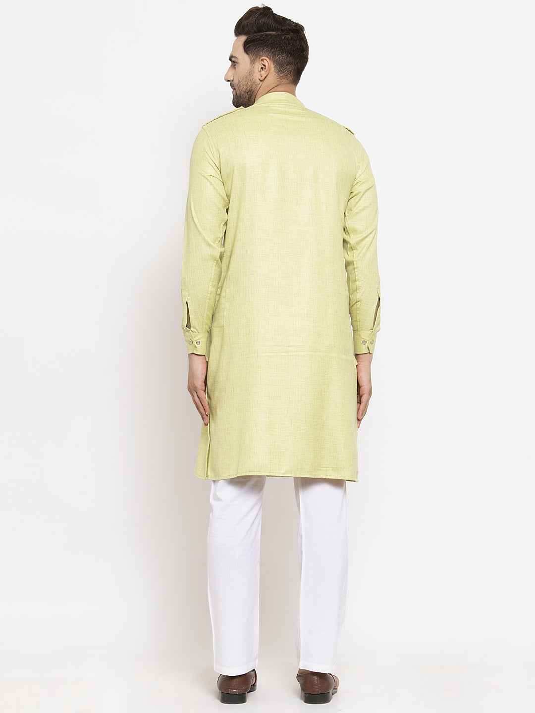 Klotthe Green Mandarin Collar Solid Cotton Kurta