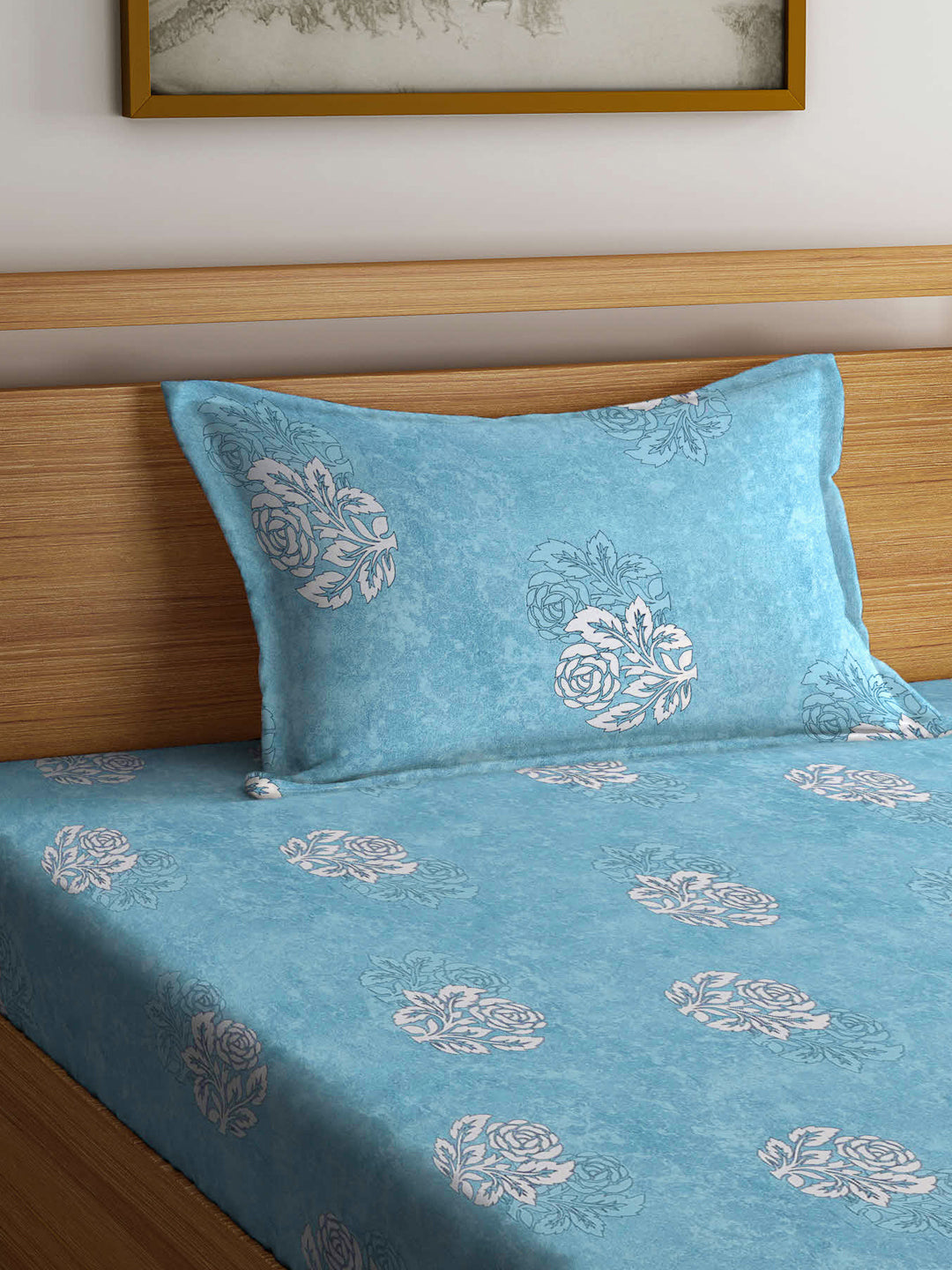 Klotthe Turquoise Floral 400 TC Pure Cotton Single Bedsheet Set in Book Fold Packing