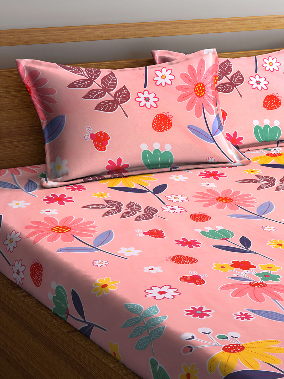 Klotthe Multi Floral 300 TC Cotton Blend Double Bed Sheet with 2 Pillow Covers in Book Fold Packing