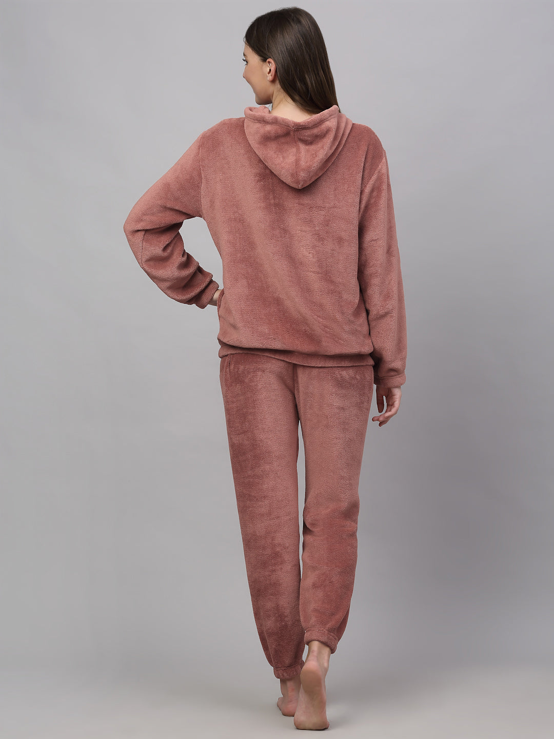 Klotthe Women Rust Wool Blend Solid Hooded Night Suit