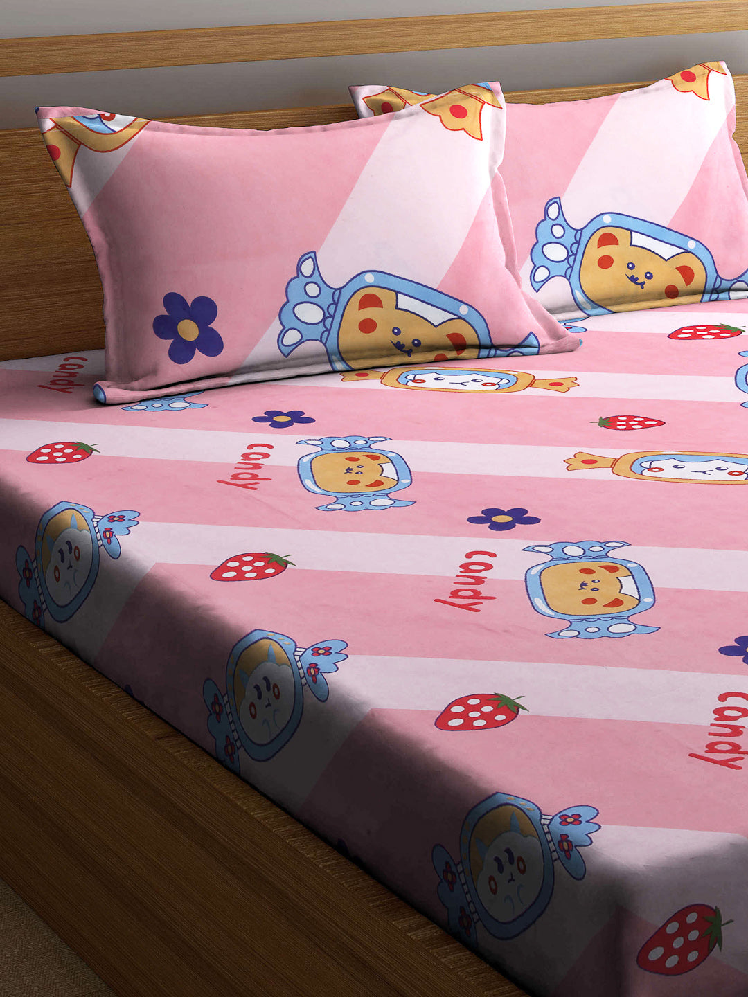 Klotthe Multicolor Cartoon Print Cotton Blend Elasticated Double BedSheet With 2 Pillow Covers