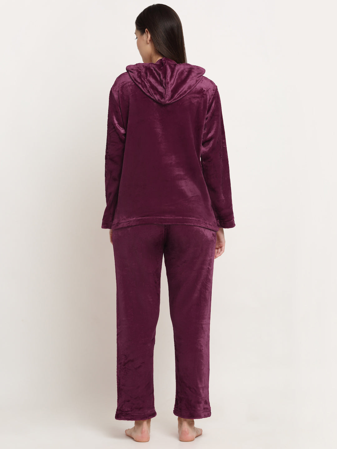 Klotthe Women Maroon Solid Wool Blend Hooded Night Suit