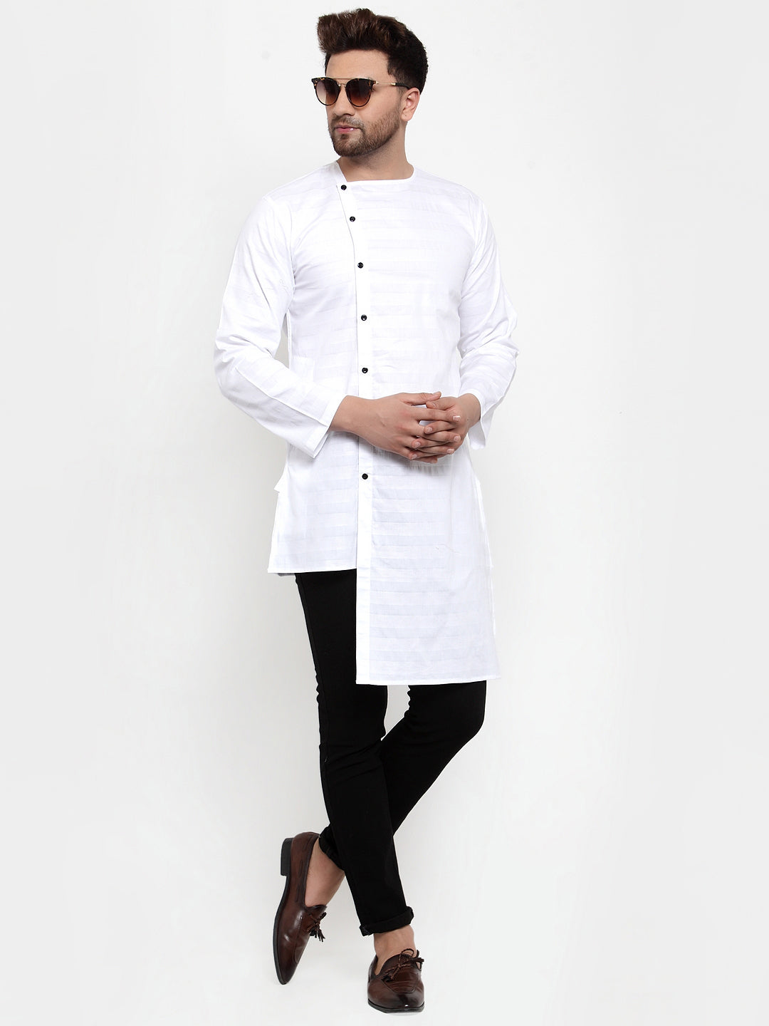 White Cotton Silk Striped Party Kurtas