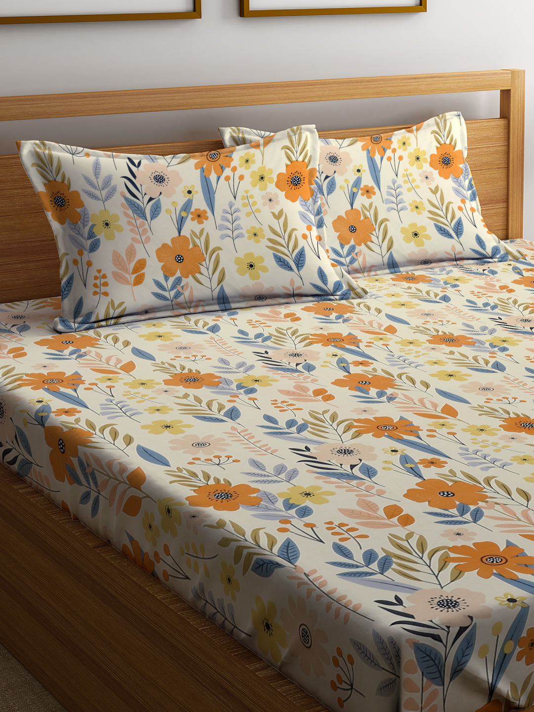 Klotthe Multi Floral 300 TC Cotton Blend Super King Double Bedsheet with 2 Pillow covers (270X270 cm)