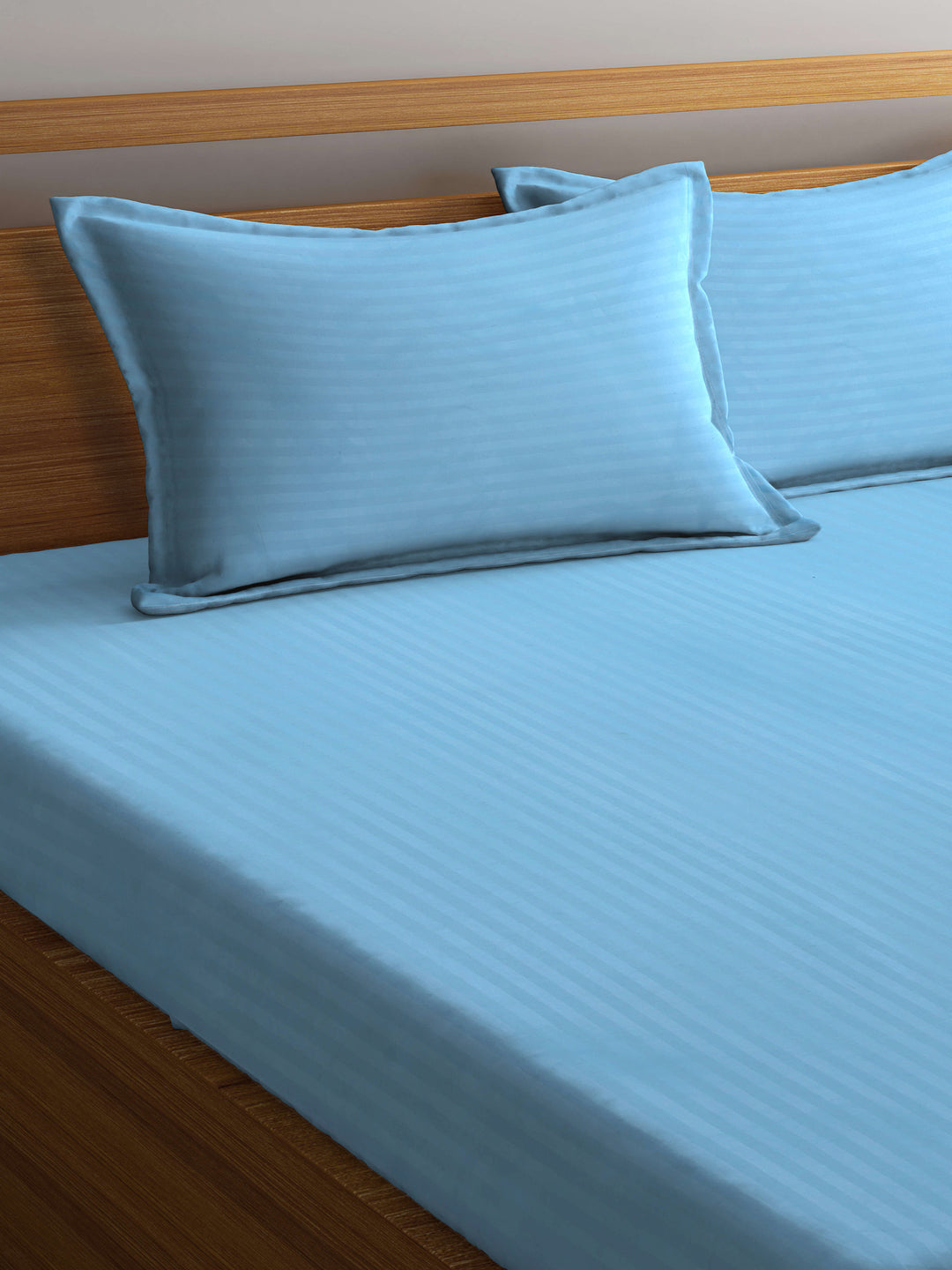 Klotthe Sky Blue Striped 300 TC Cotton Blend Elasticated Super King Double Bedsheet with 2 Pillow Covers (270X270 cm)