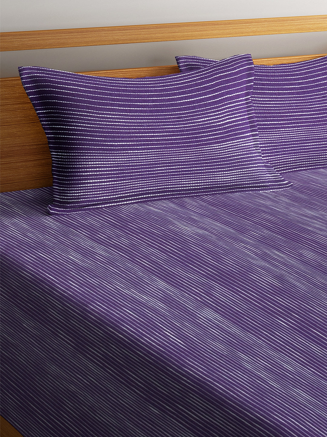 100% Cotton King Size Handwoven Bed Cover with Two Pillow Covers by KLOTTHE® (Violet Striped